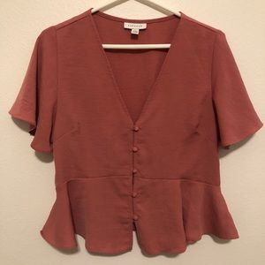 Topshop Ruffle Sleeve V-neck Pleated Waist Top Size 6